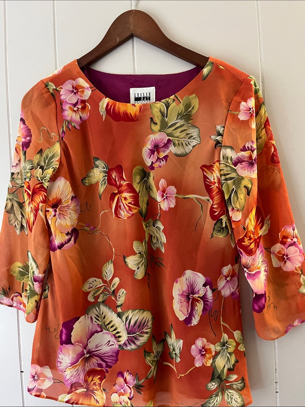 Leslie Fay Orange Floral Satin Blouse